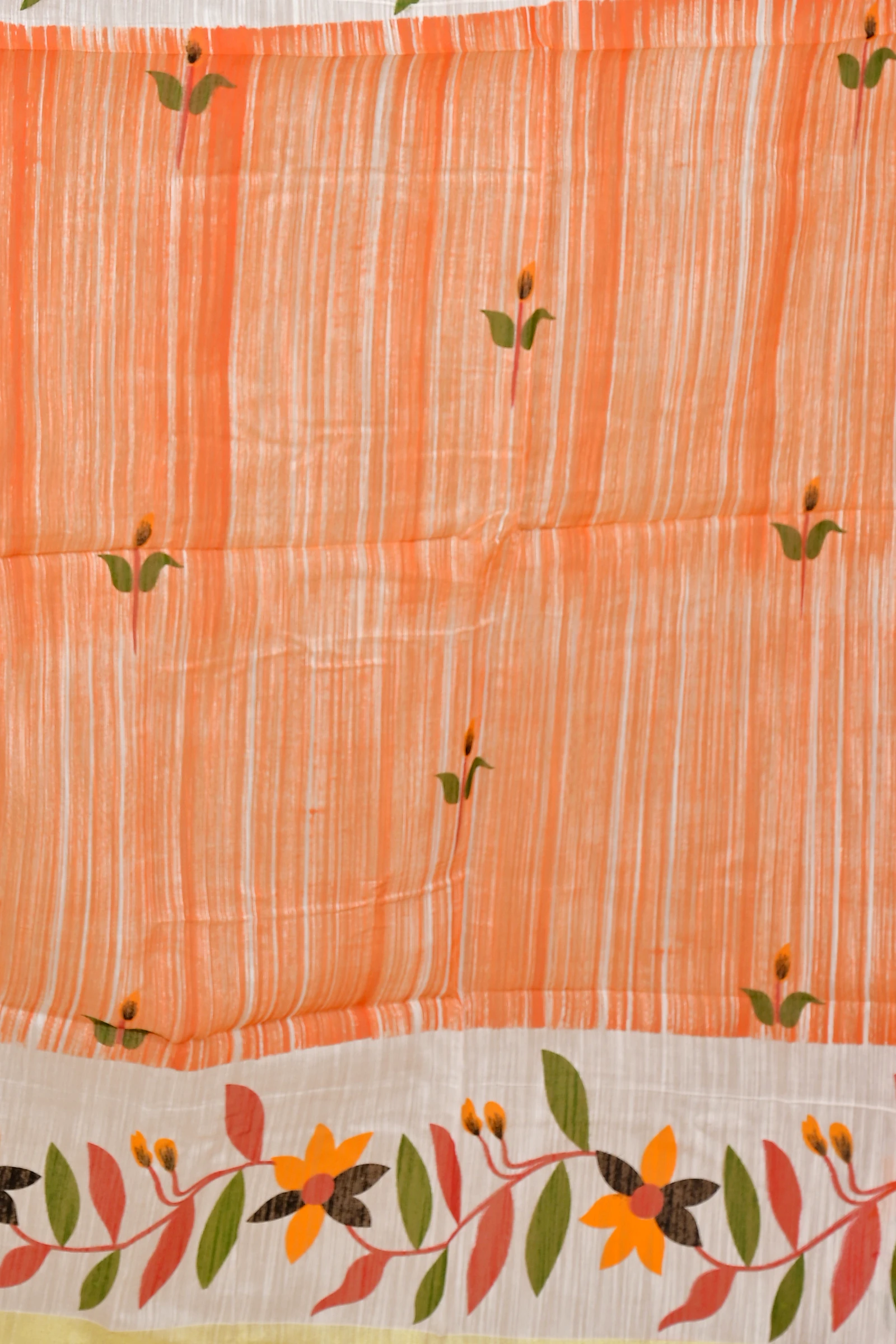 Orange White Blended Cotton Korel Printed Handloom Saree (2008)