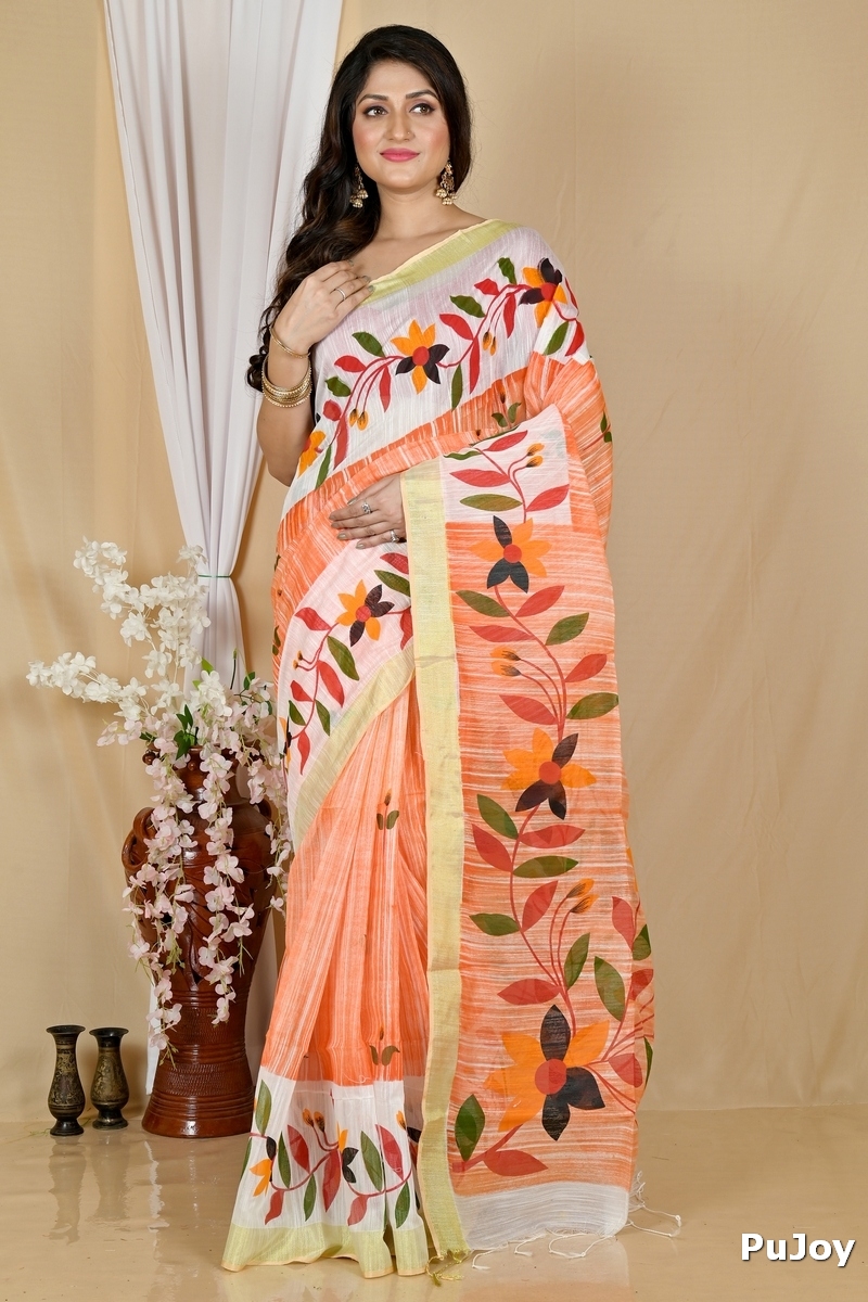 Orange White Blended Cotton Korel Printed Handloom Saree (2008)