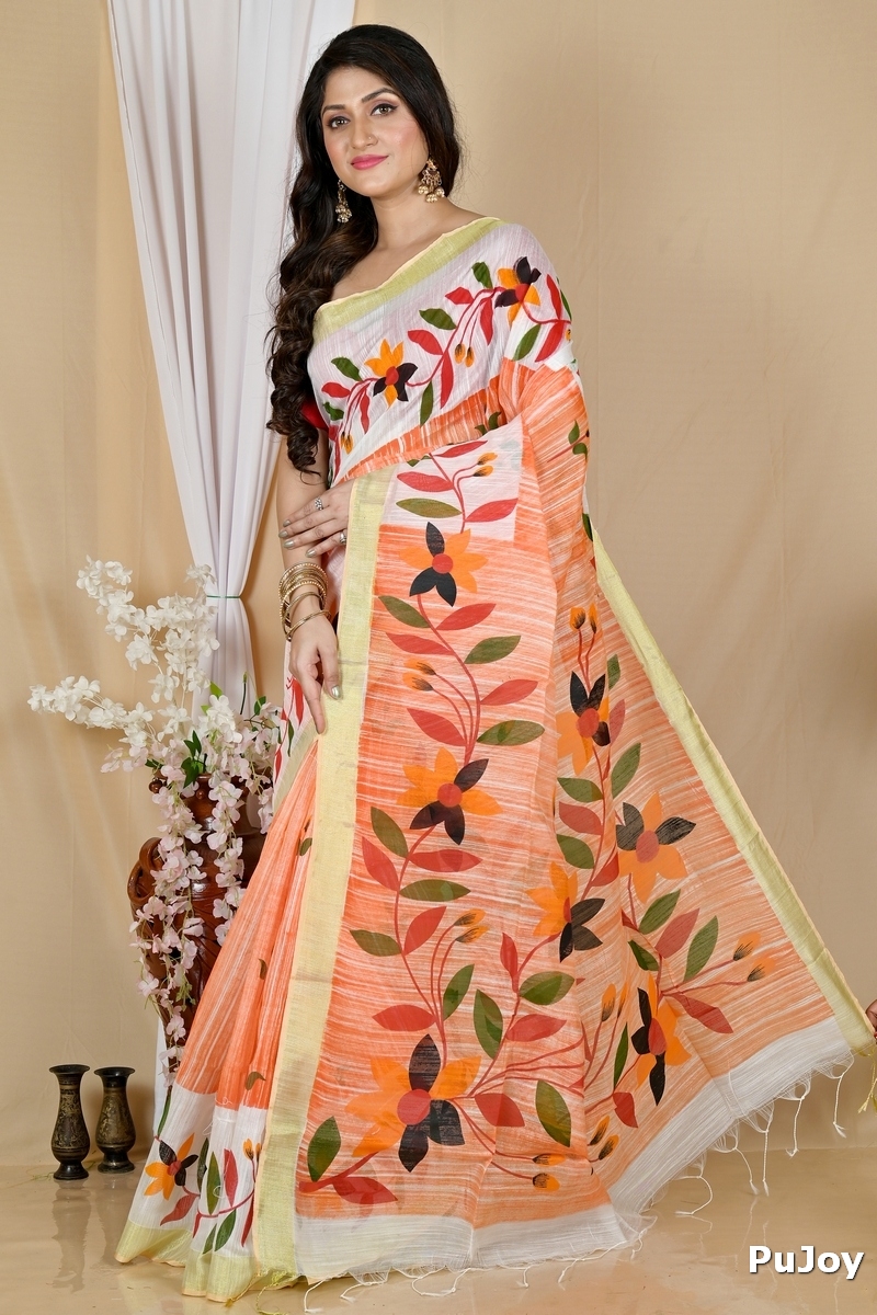Orange White Blended Cotton Korel Printed Handloom Saree (2008)