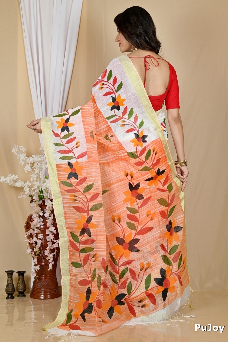Orange White Blended Cotton Korel Printed Handloom Saree (2008)