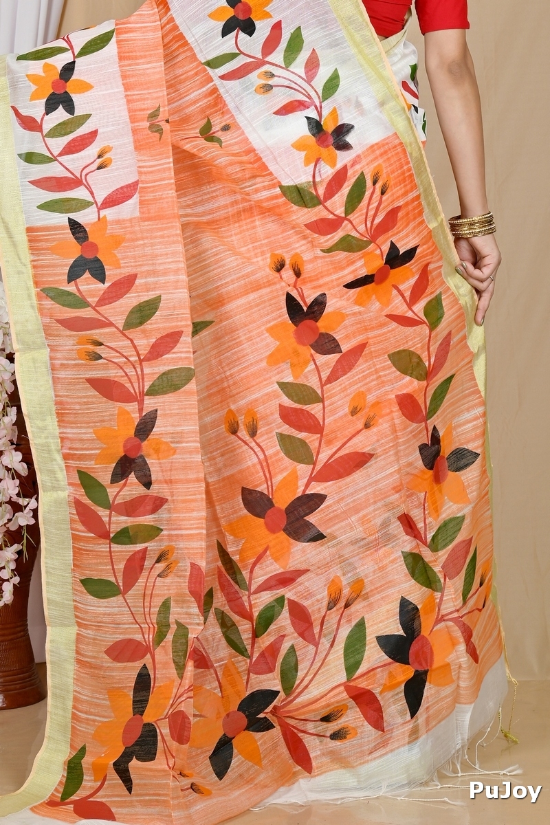 Orange White Blended Cotton Korel Printed Handloom Saree (2008)