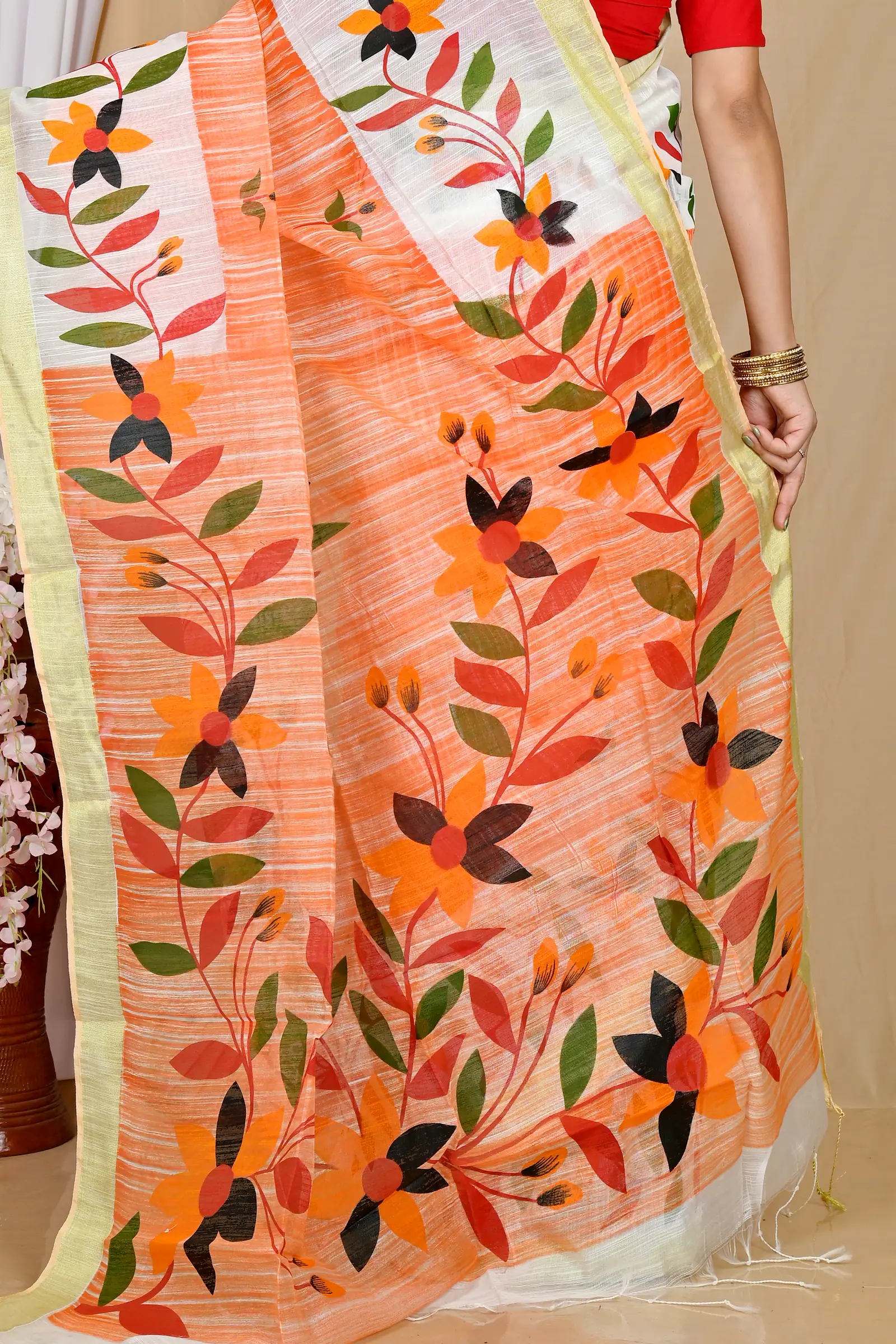 Orange White Blended Cotton Korel Printed Handloom Saree (2008)