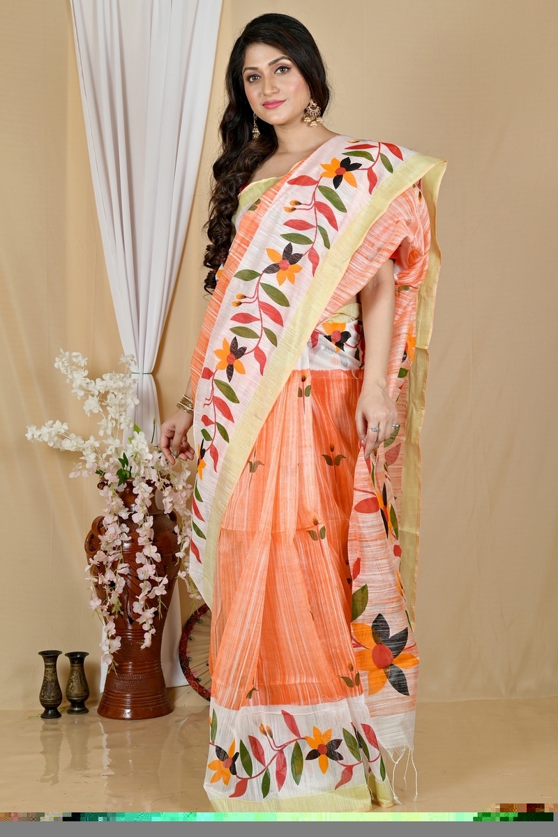 Orange White Blended Cotton Korel Printed Handloom Saree (2008)