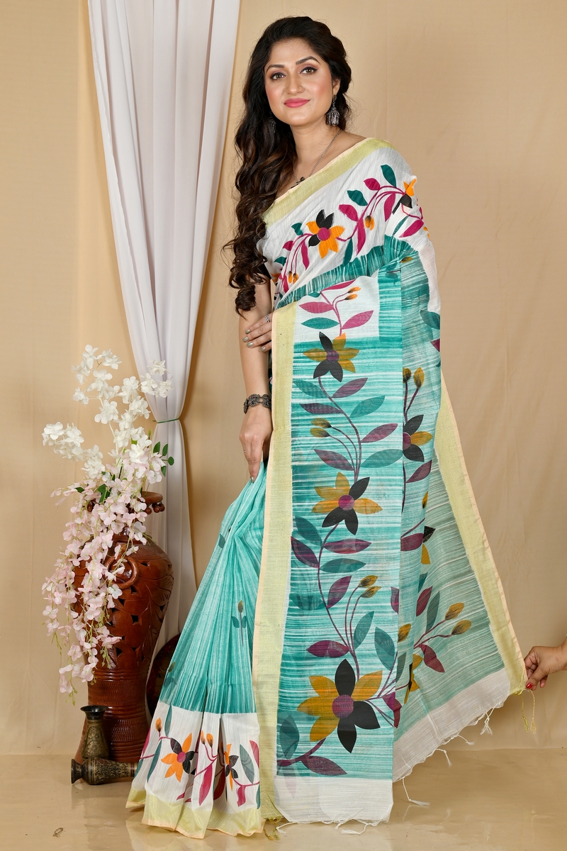 See Green Blended Cotton Korel Printed Handloom Saree (2009)