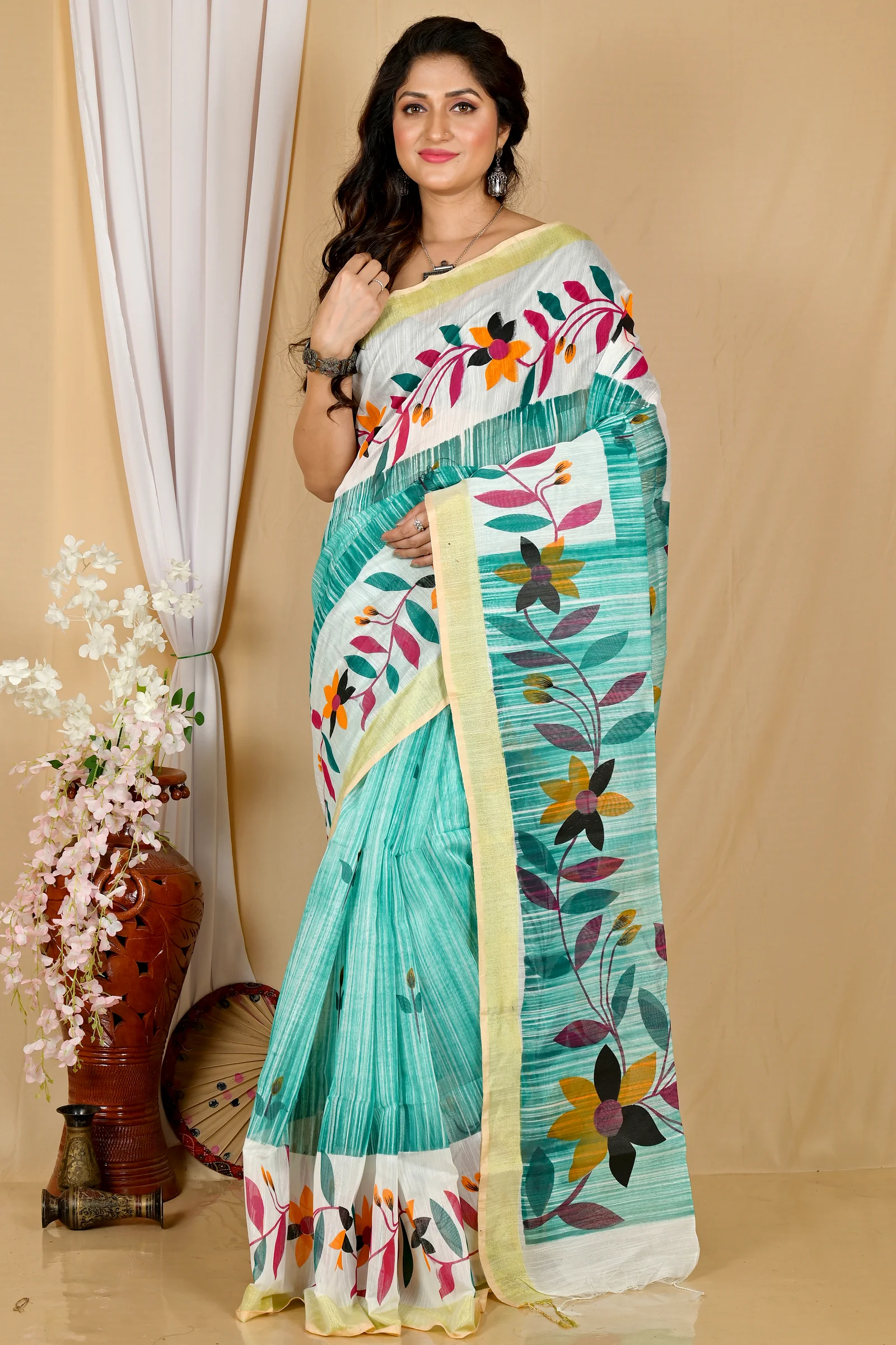 See Green Blended Cotton Korel Printed Handloom Saree (2009)