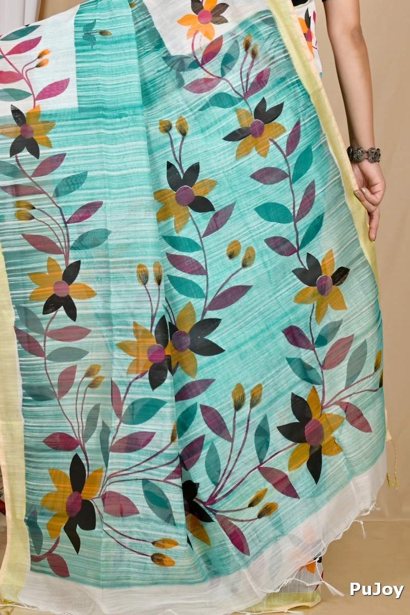 See Green Blended Cotton Korel Printed Handloom Saree (2009)