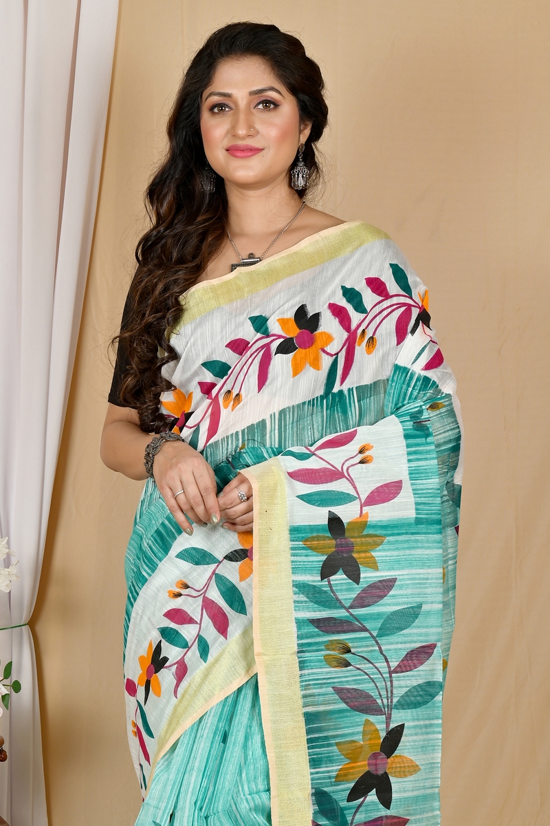 See Green Blended Cotton Korel Printed Handloom Saree (2009)