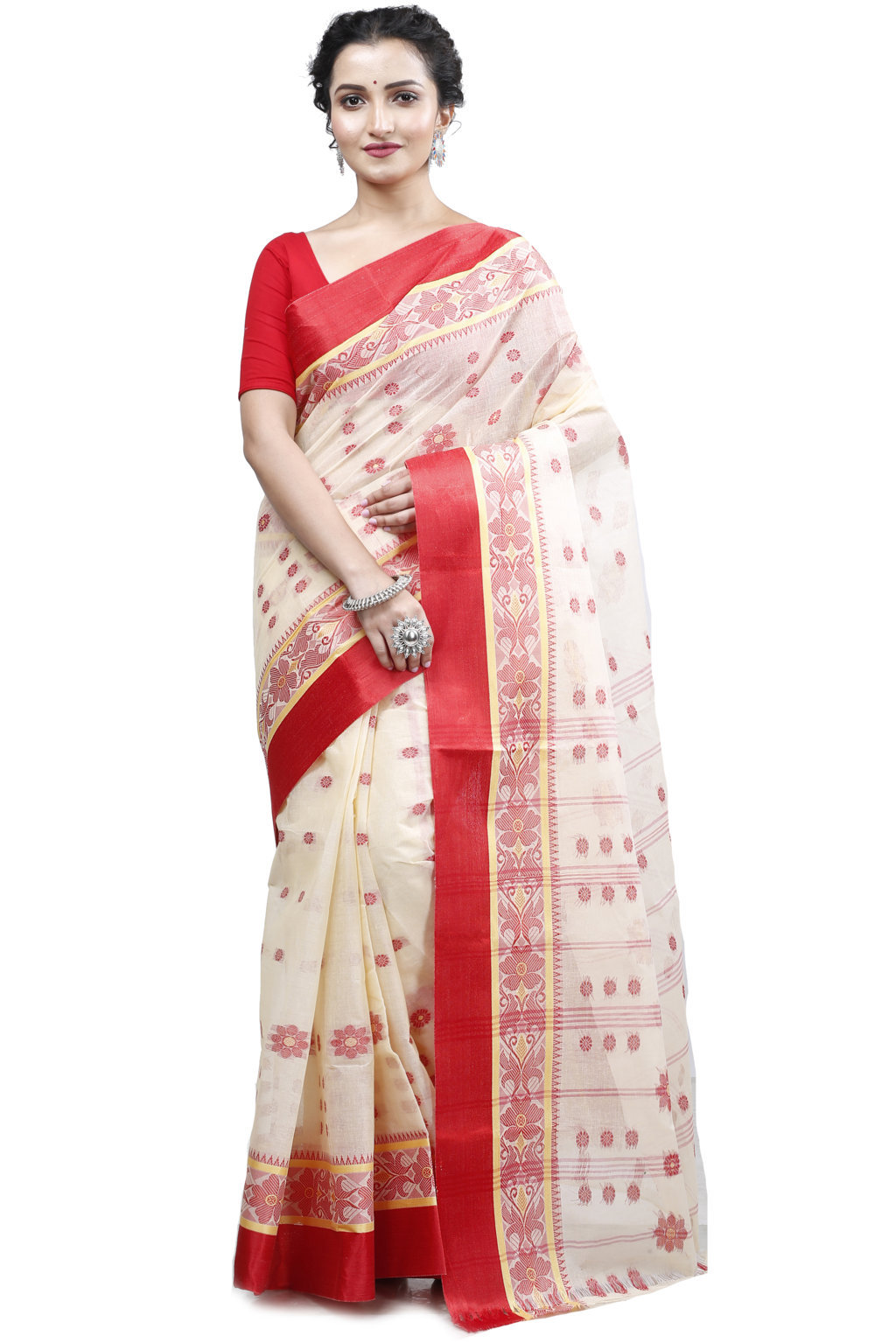 Cream Red Pure Cotton BolLata_Tant Tant Saree (201)