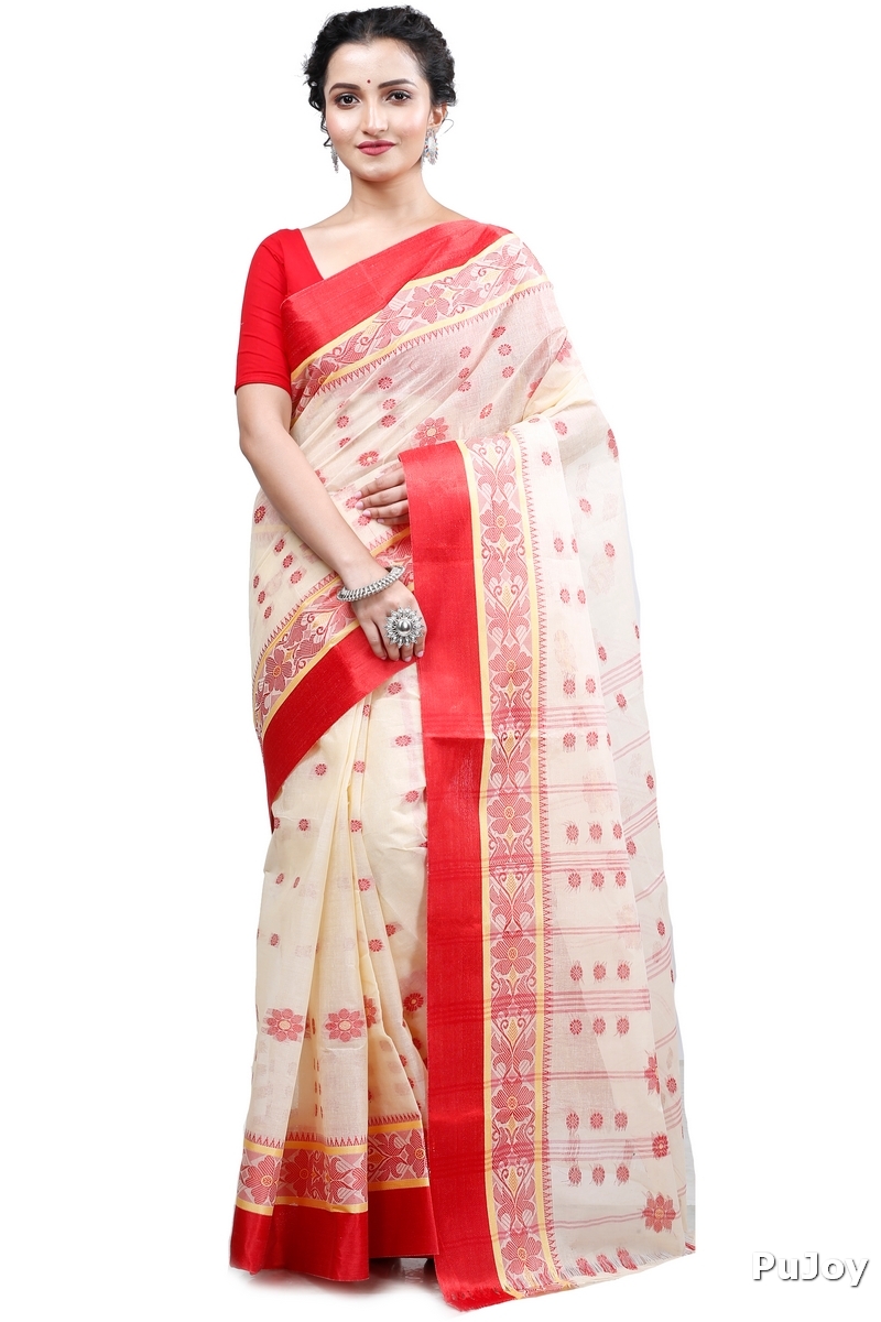 Cream Red Pure Cotton BolLata_Tant Tant Saree (201)