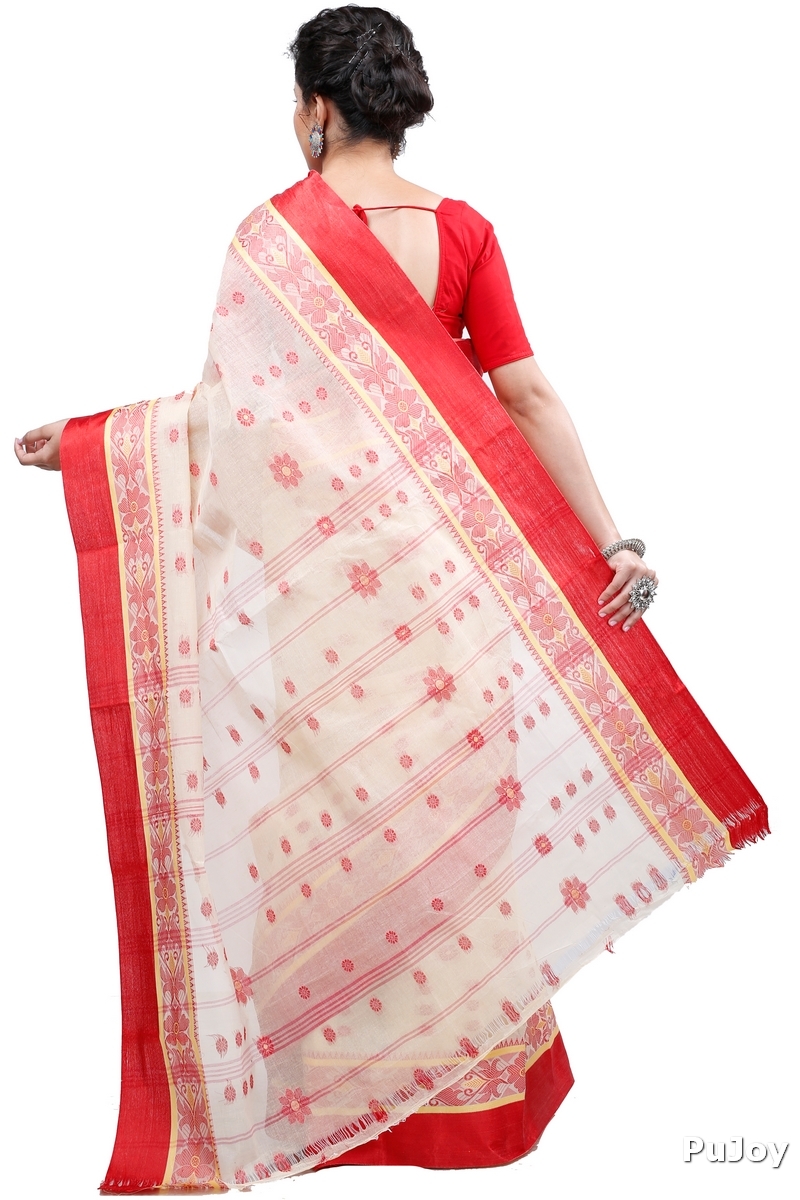 Cream Red Pure Cotton BolLata_Tant Tant Saree (201)