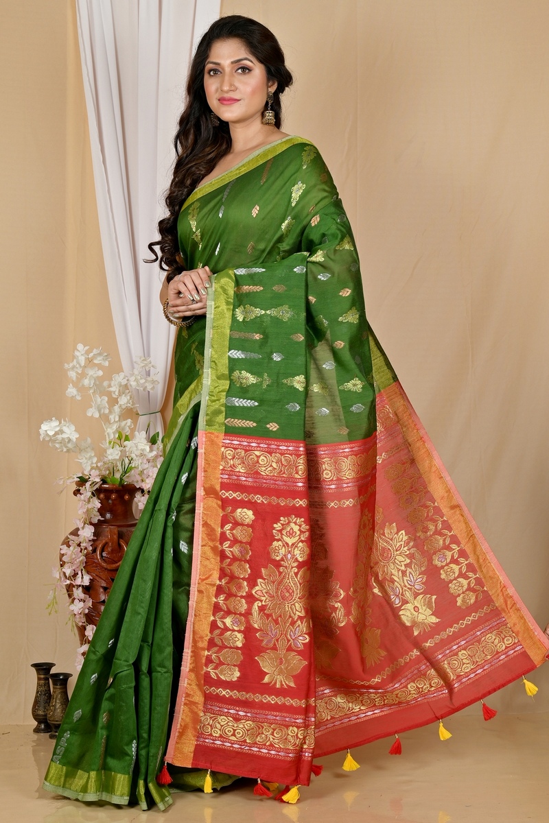 Dark Green Blended Cotton Samo Hand Loom Saree (2013)