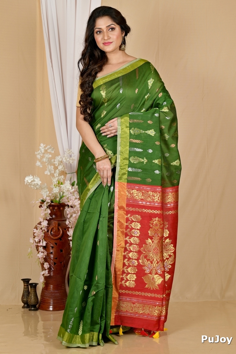 Dark Green Blended Cotton Samo Hand Loom Saree (2013)