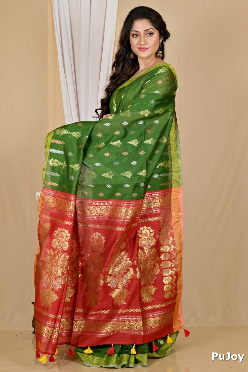 Dark Green Blended Cotton Samo Hand Loom Saree (2013)