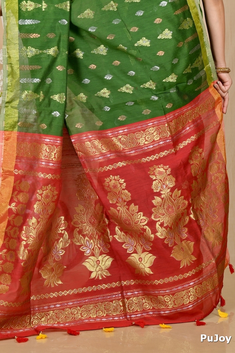 Dark Green Blended Cotton Samo Hand Loom Saree (2013)