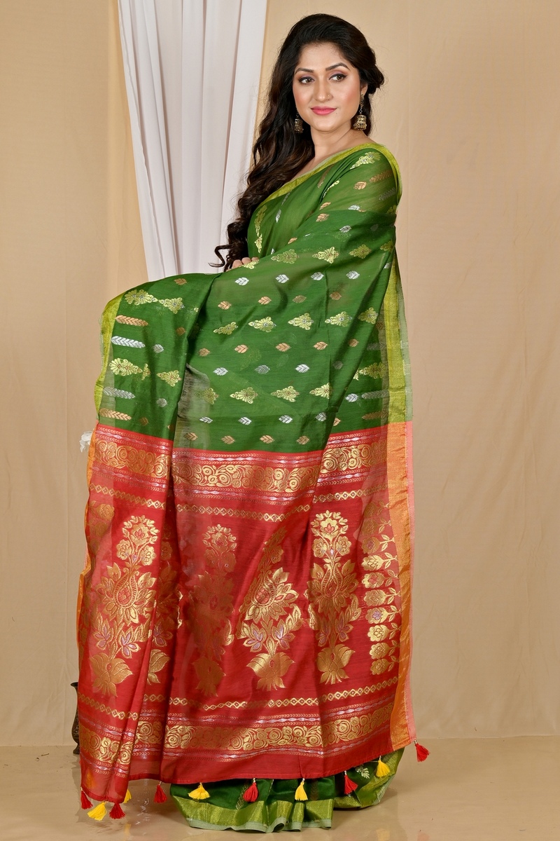 Dark Green Blended Cotton Samo Hand Loom Saree (2013)