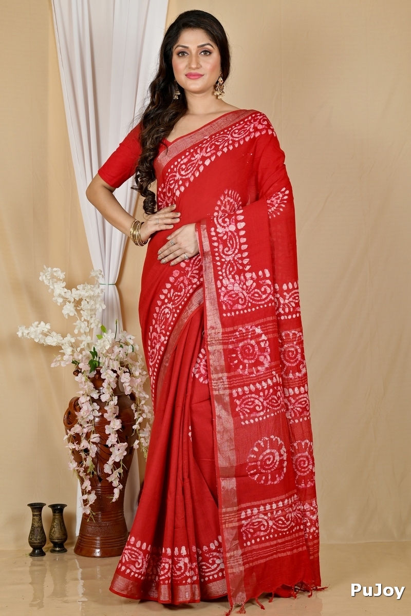 Red Pure Cotton Batika Boll Batik Print Saree (2014)