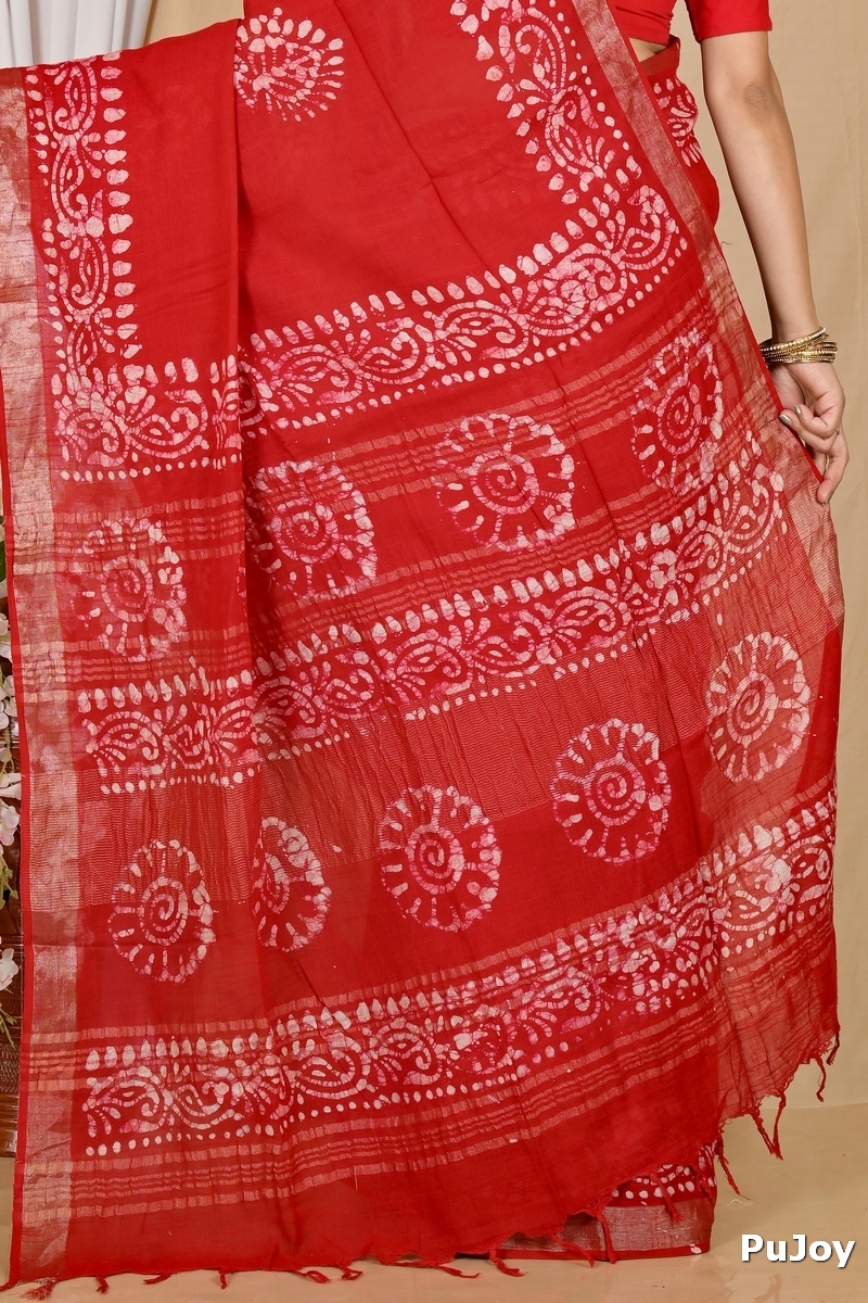Red Pure Cotton Batika Boll Batik Print Saree (2014)