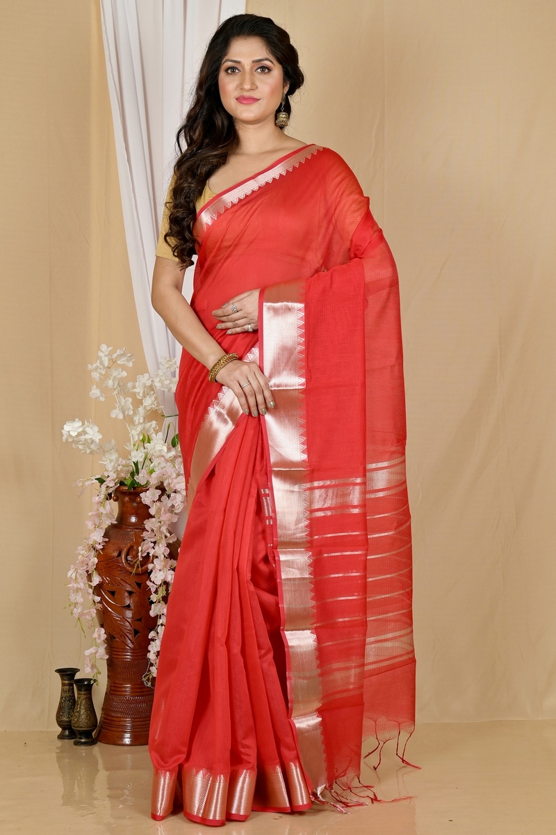 Red Cotton Silk Sikra Hand Loom Saree (2017)