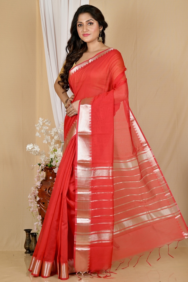 Red Cotton Silk Sikra Hand Loom Saree (2017)