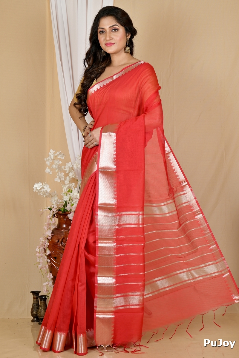 Red Cotton Silk Sikra Hand Loom Saree (2017)