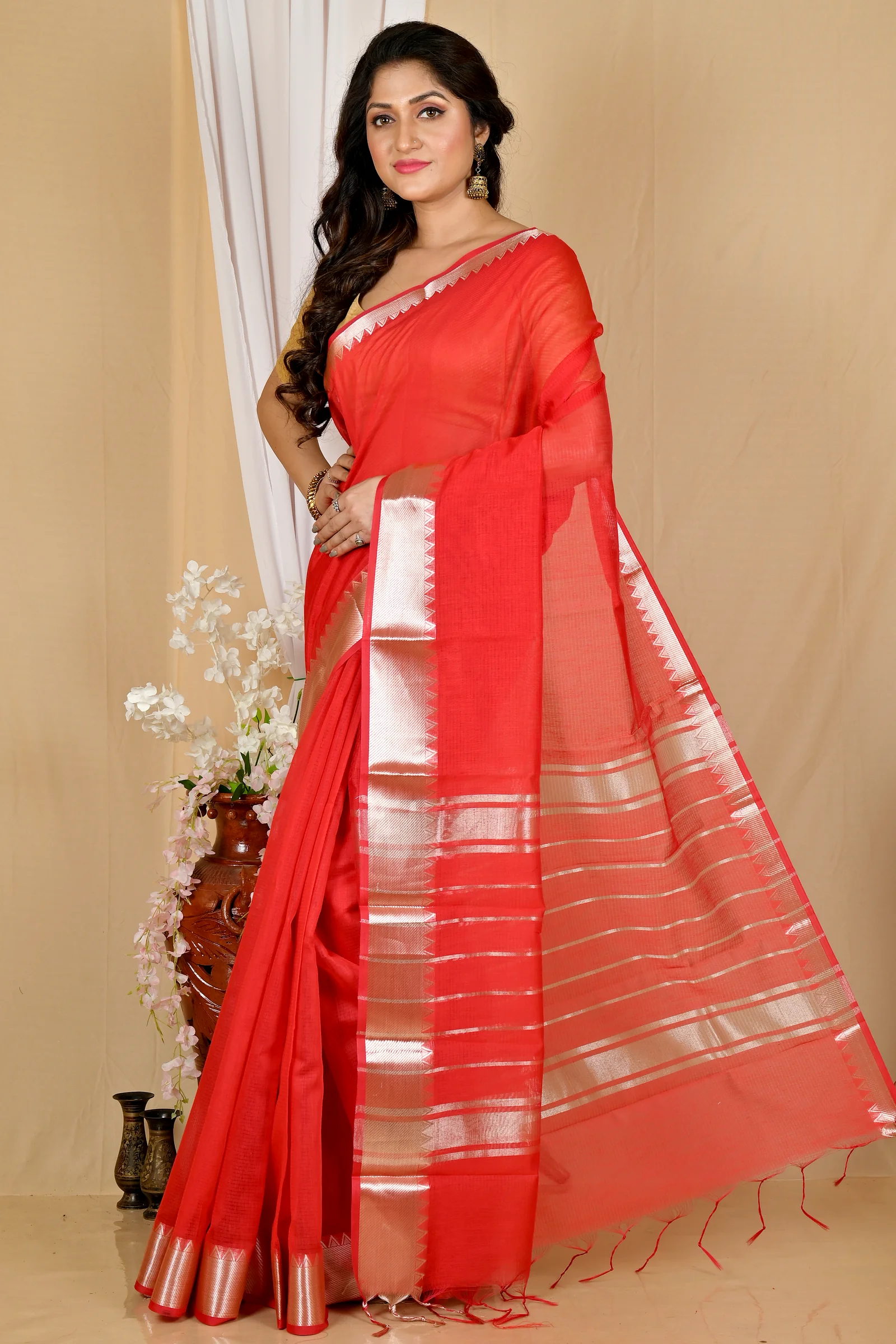 Red Cotton Silk Sikra Hand Loom Saree (2017)