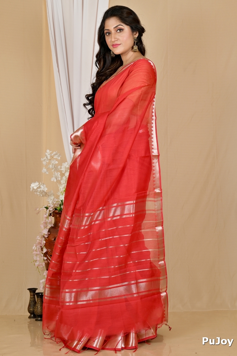 Red Cotton Silk Sikra Hand Loom Saree (2017)