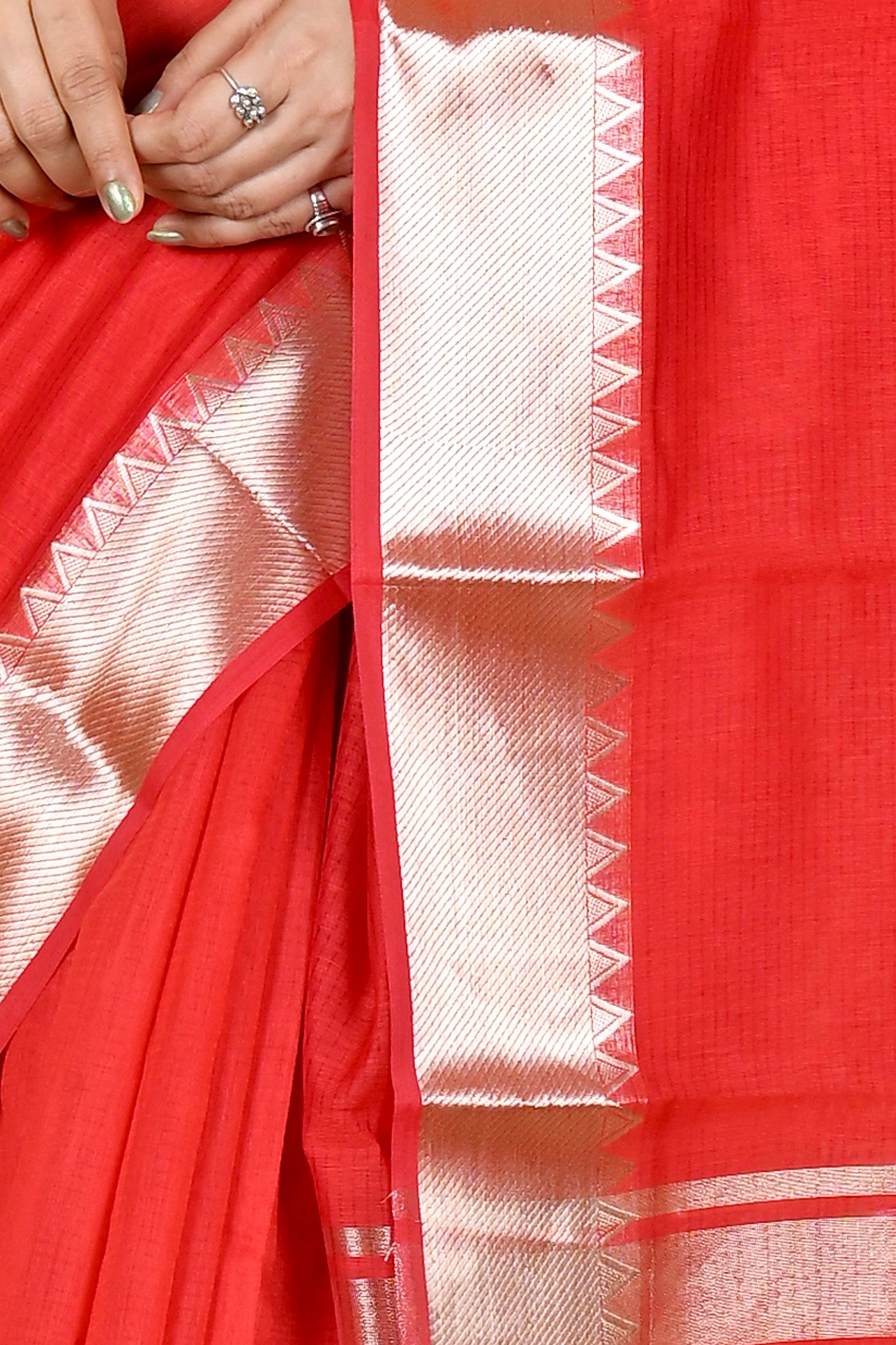 Red Cotton Silk Sikra Hand Loom Saree (2017)