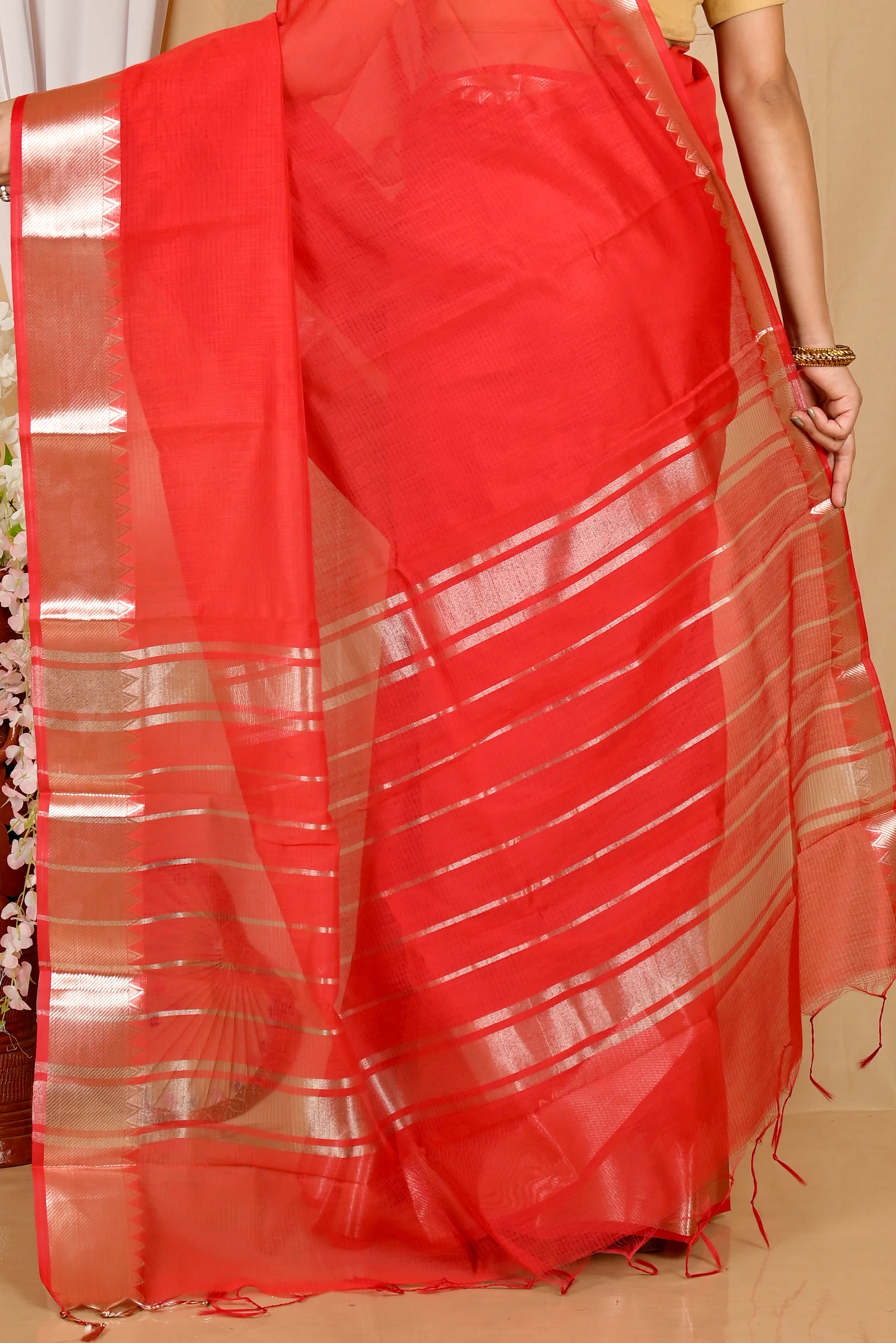 Red Cotton Silk Sikra Hand Loom Saree (2017)