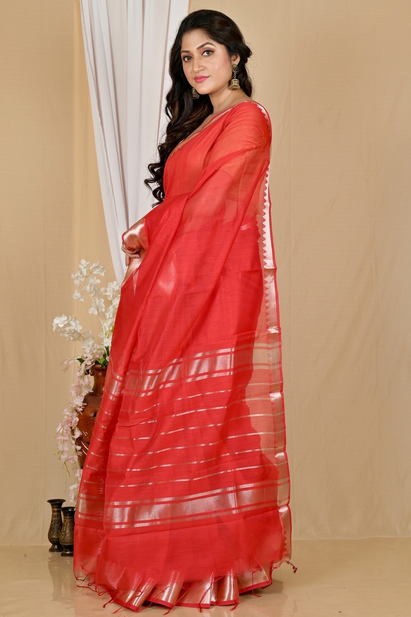Red Cotton Silk Sikra Hand Loom Saree (2017)