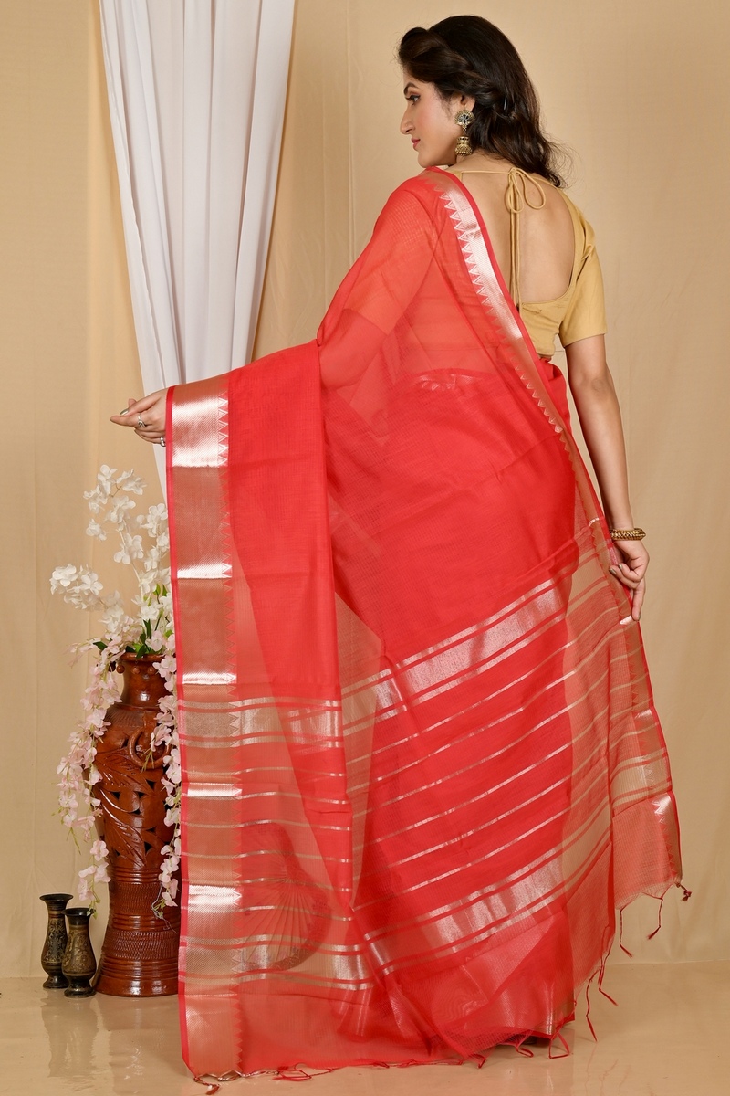 Red Cotton Silk Sikra Hand Loom Saree (2017)