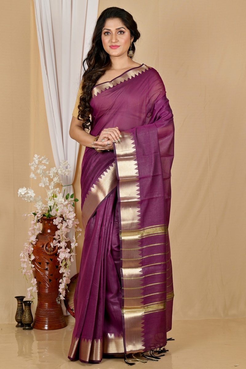Purple Cotton Silk Sikra Hand Loom Saree (2018)