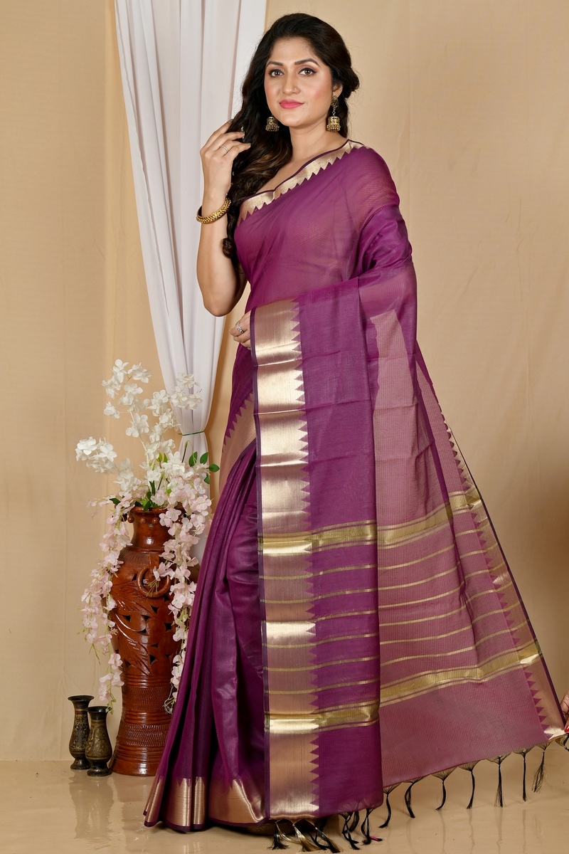 Purple Cotton Silk Sikra Hand Loom Saree (2018)