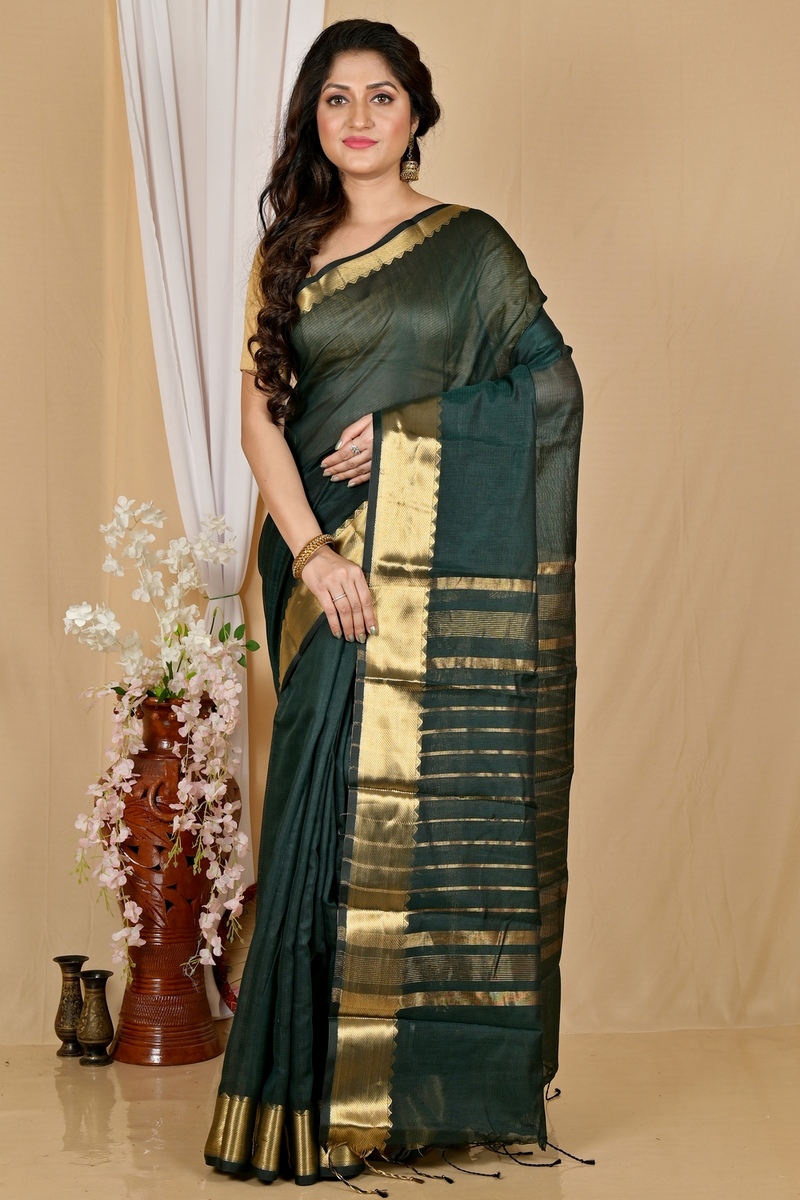 Dark Green Cotton Silk Sikra Hand Loom Saree (2019)
