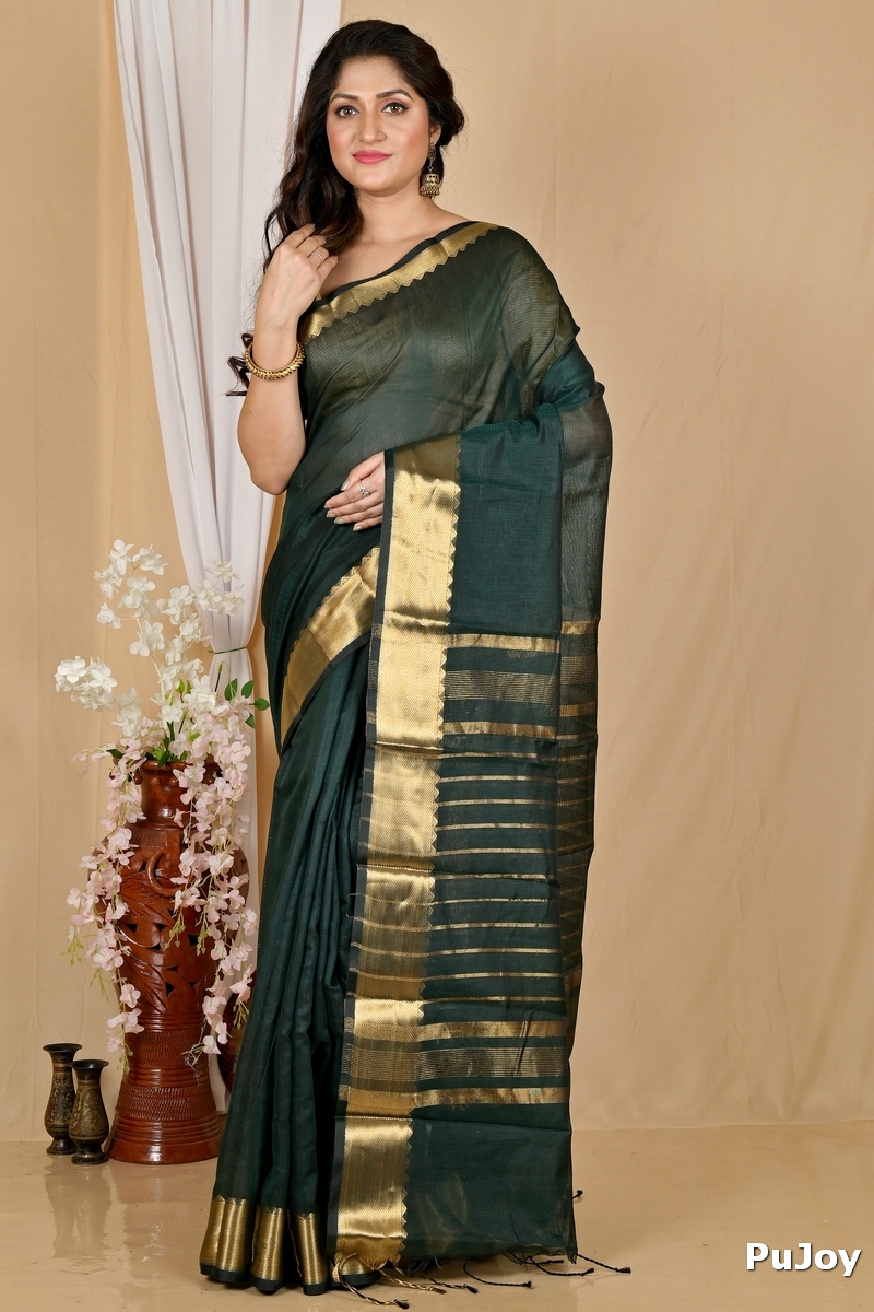 Dark Green Cotton Silk Sikra Hand Loom Saree (2019)