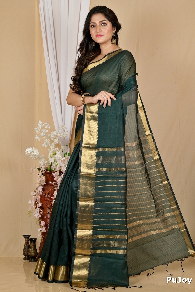 Dark Green Cotton Silk Sikra Hand Loom Saree (2019)