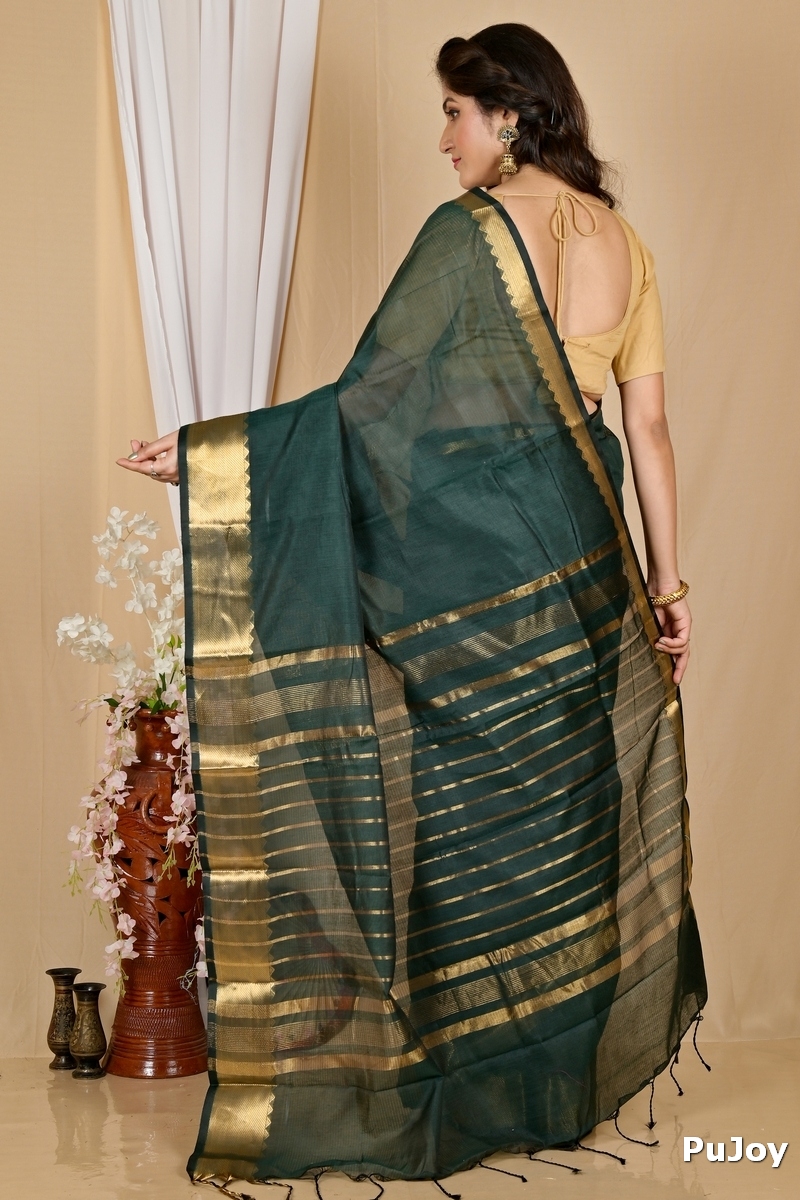 Dark Green Cotton Silk Sikra Hand Loom Saree (2019)