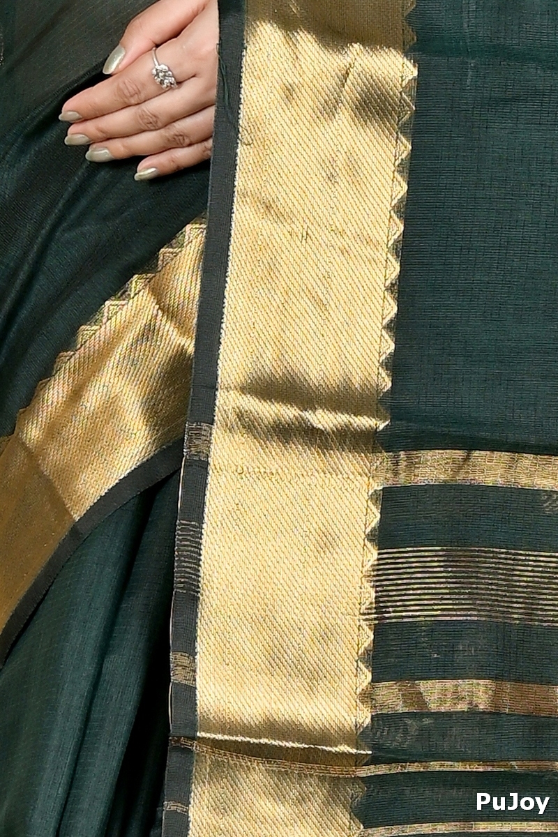 Dark Green Cotton Silk Sikra Hand Loom Saree (2019)