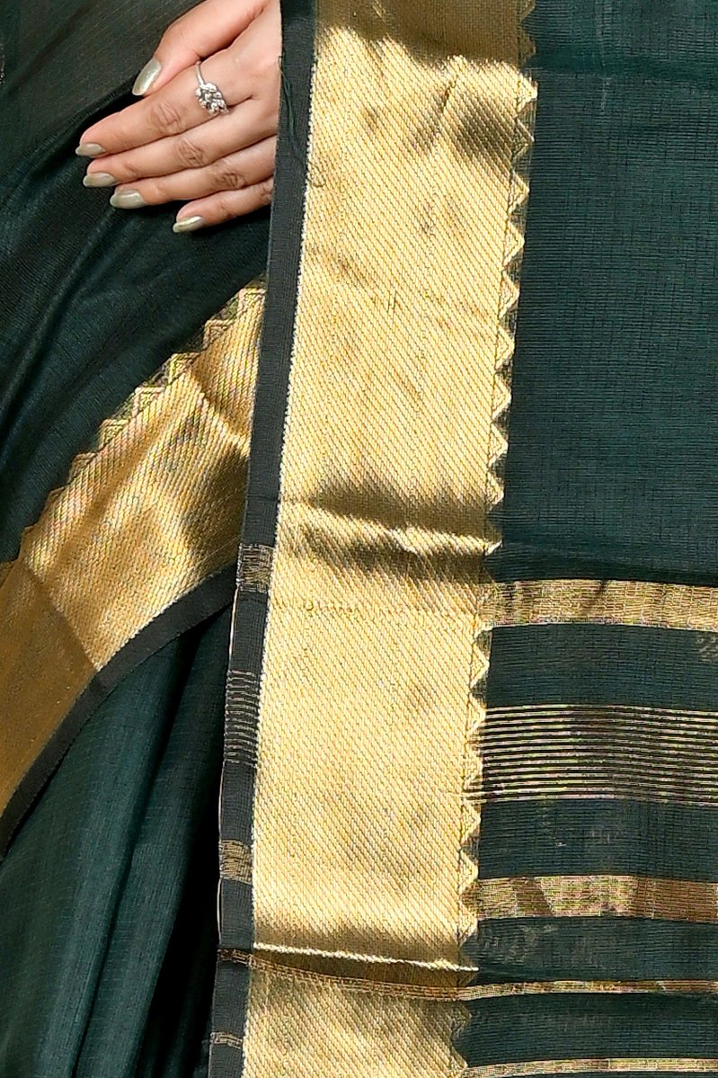 Dark Green Cotton Silk Sikra Hand Loom Saree (2019)