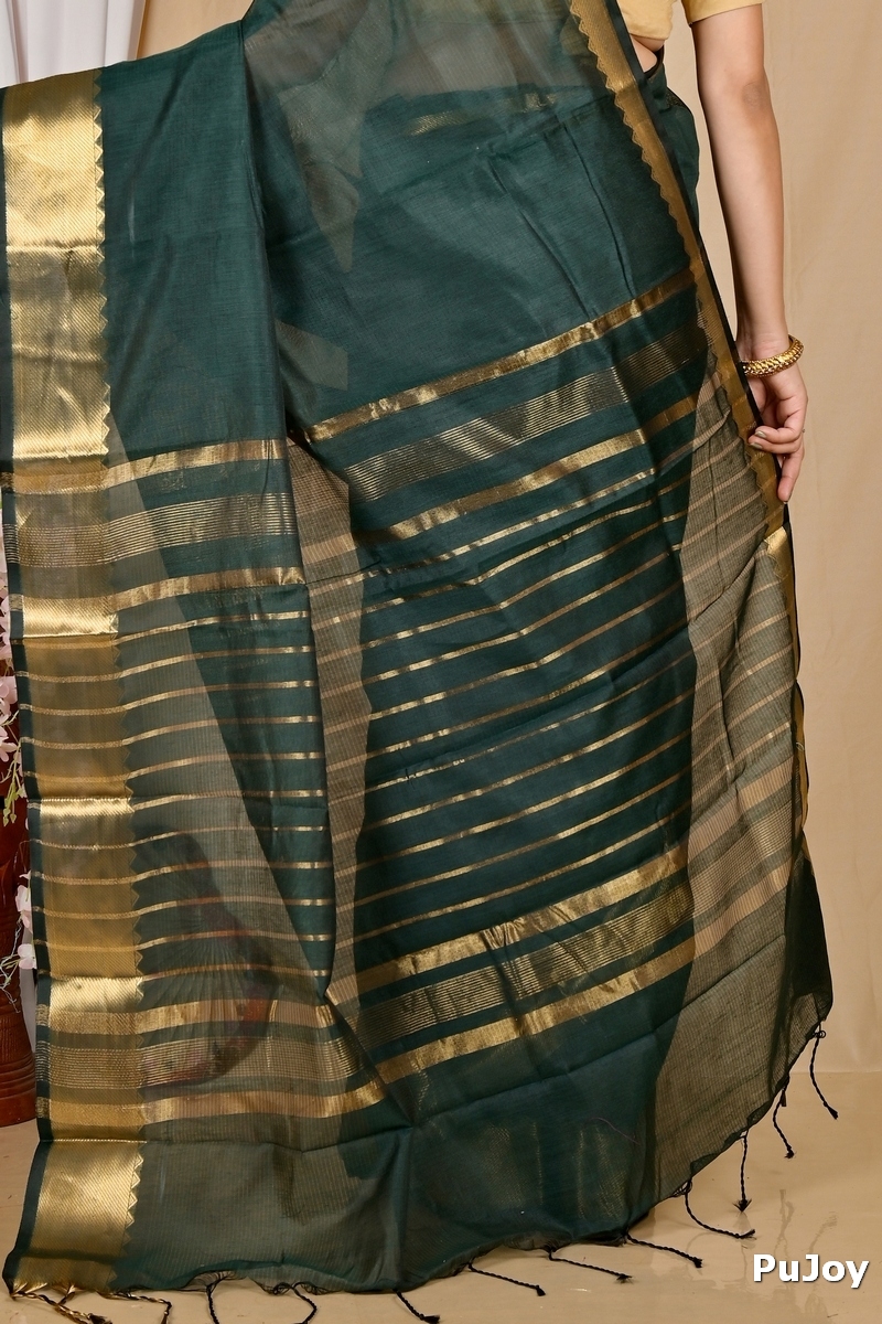 Dark Green Cotton Silk Sikra Hand Loom Saree (2019)