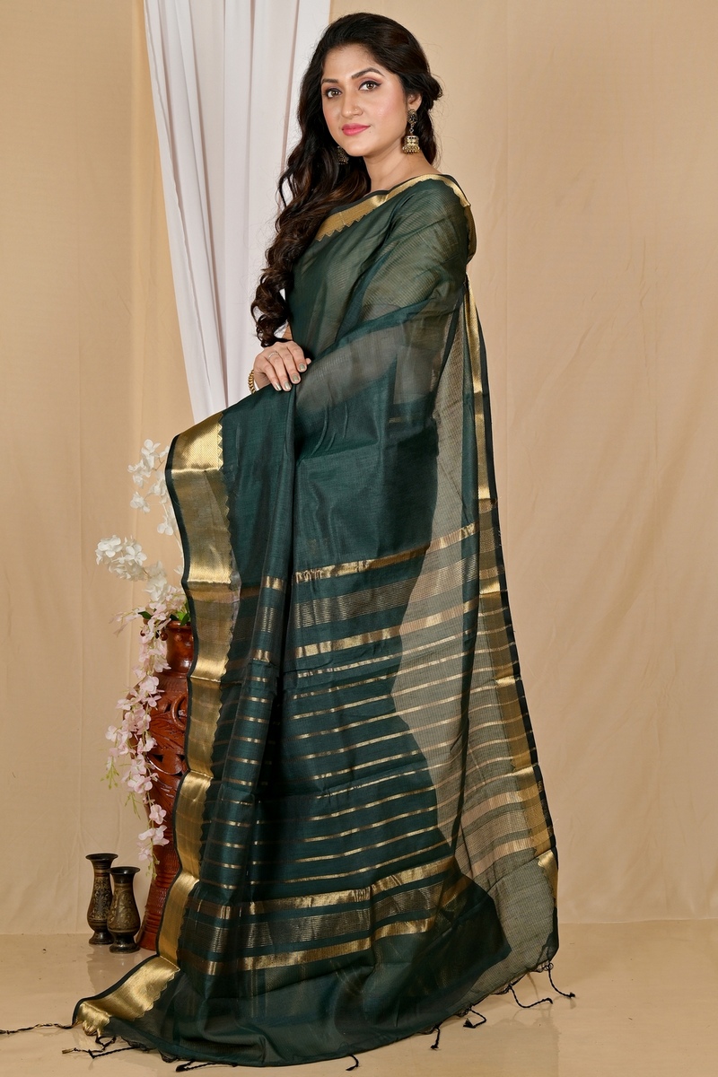 Dark Green Cotton Silk Sikra Hand Loom Saree (2019)