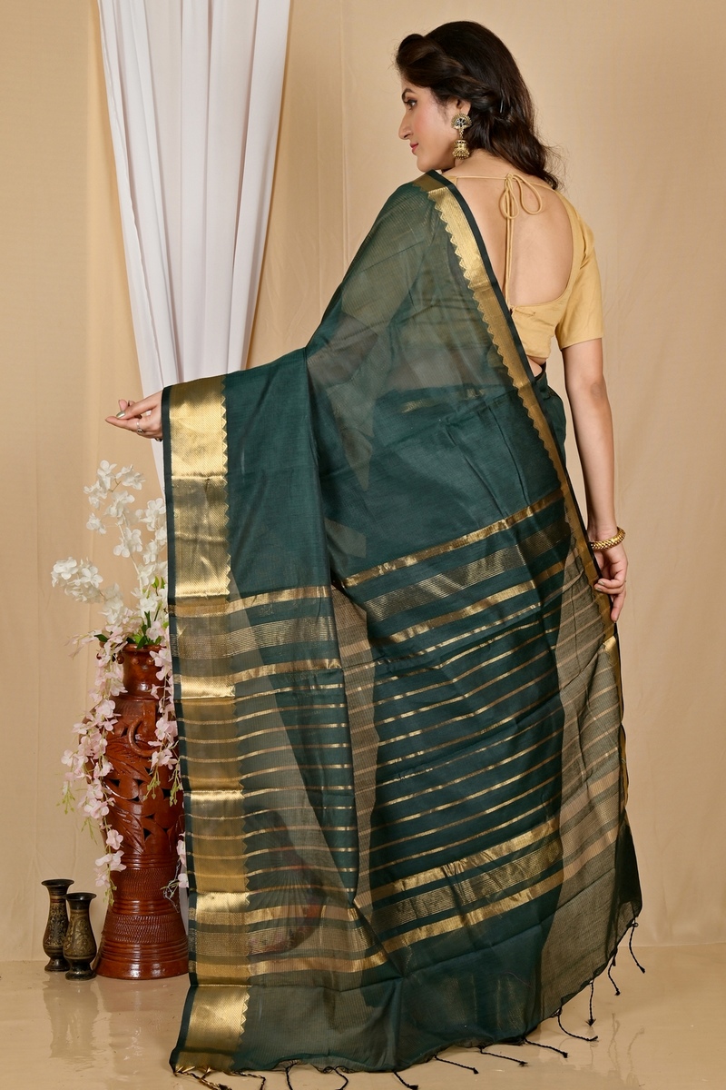 Dark Green Cotton Silk Sikra Hand Loom Saree (2019)