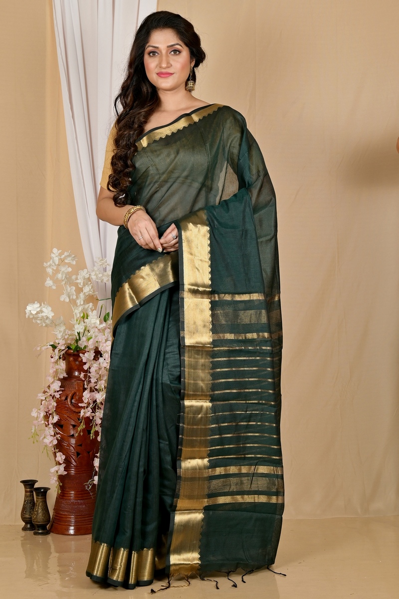 Dark Green Cotton Silk Sikra Hand Loom Saree (2019)