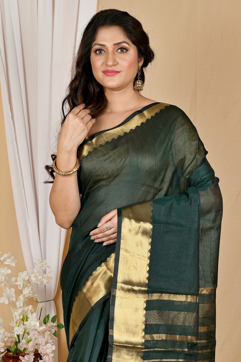 Dark Green Cotton Silk Sikra Hand Loom Saree (2019)