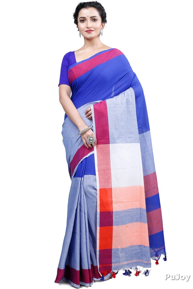 Blue Grey Pure Cotton Kousiki Hand Loom Saree (202)
