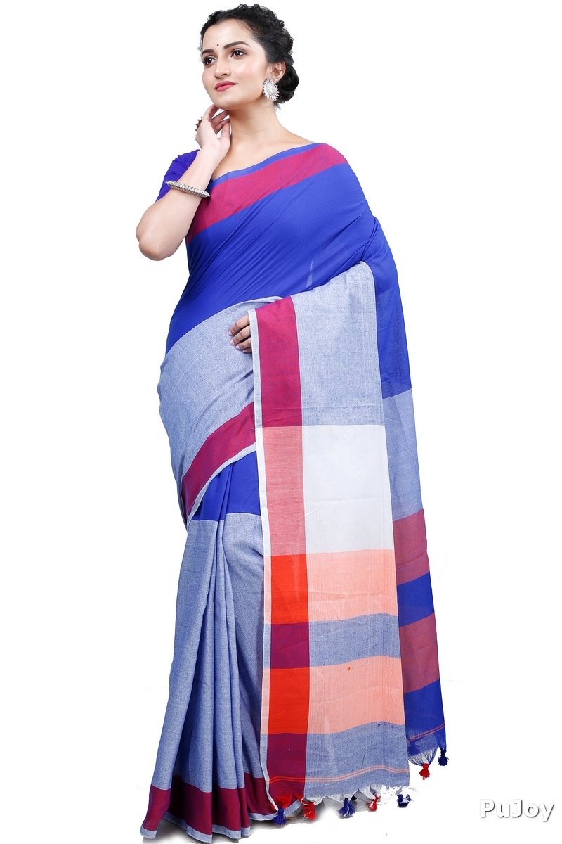 Blue Grey Pure Cotton Kousiki Hand Loom Saree (202)