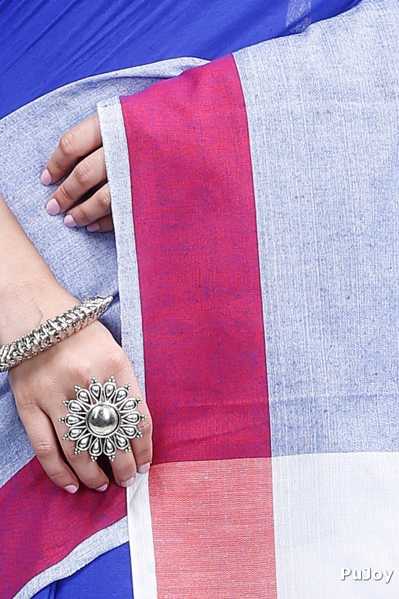 Blue Grey Pure Cotton Kousiki Hand Loom Saree (202)