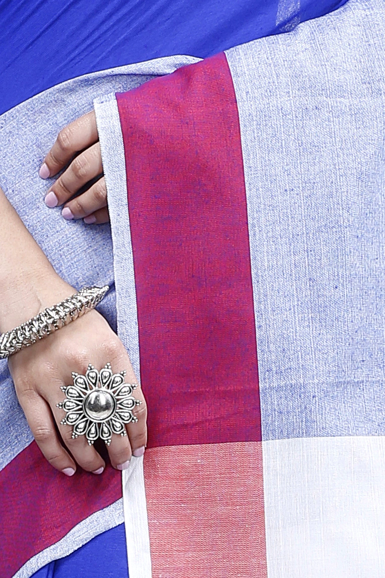 Blue Grey Pure Cotton Kousiki Hand Loom Saree (202)