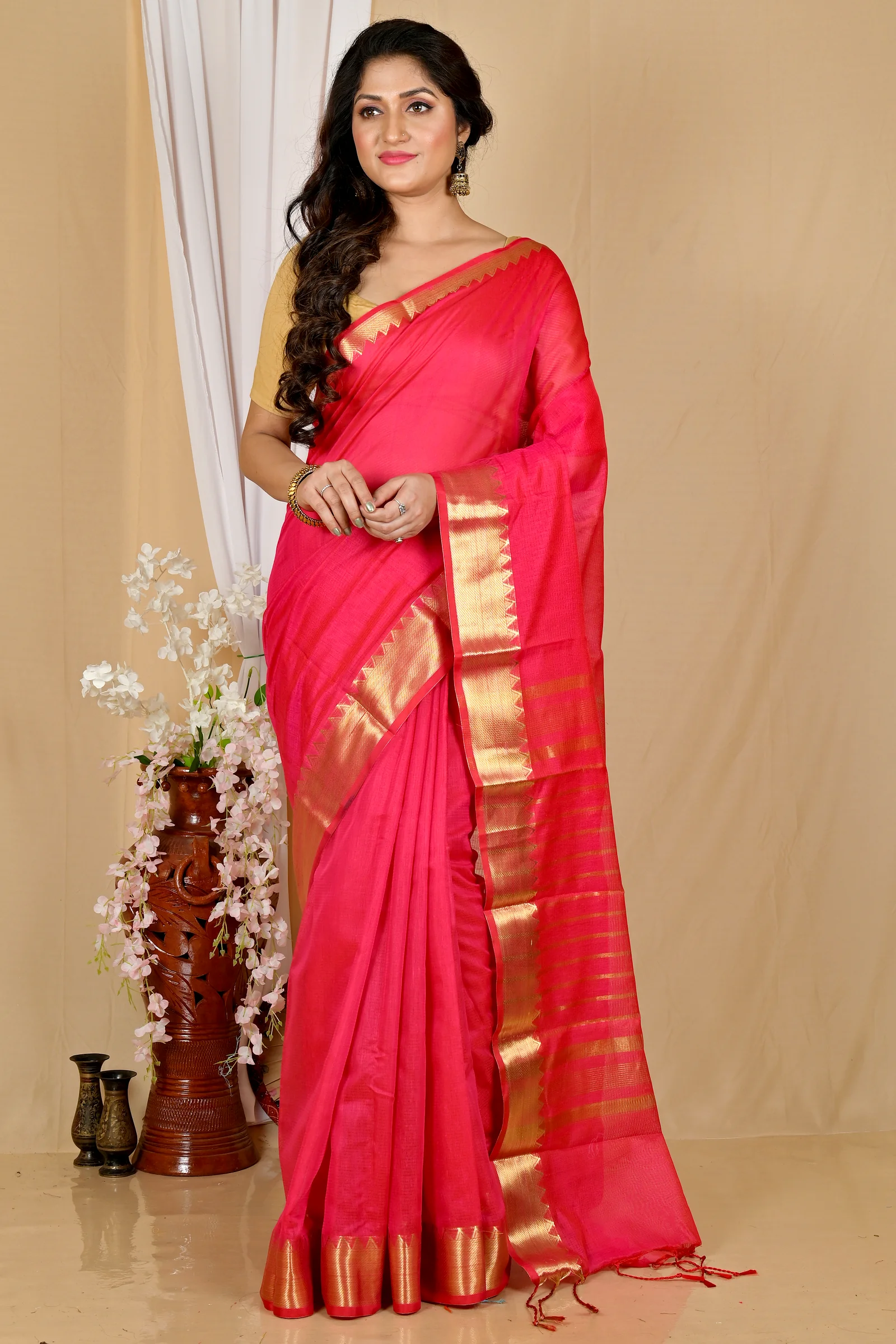 Rani Pink Cotton Silk Sikra Hand Loom Saree (2020)