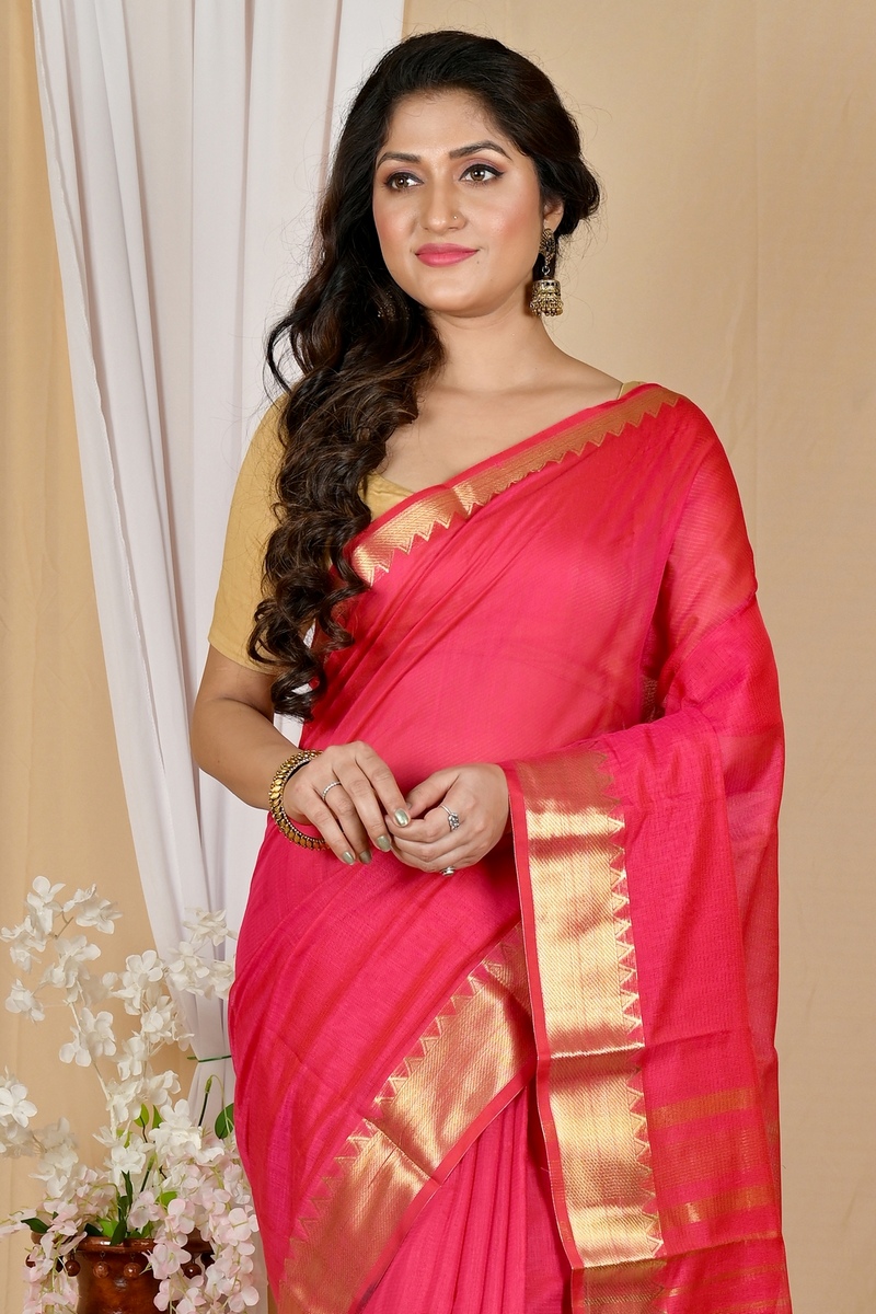 Rani Pink Cotton Silk Sikra Hand Loom Saree (2020)