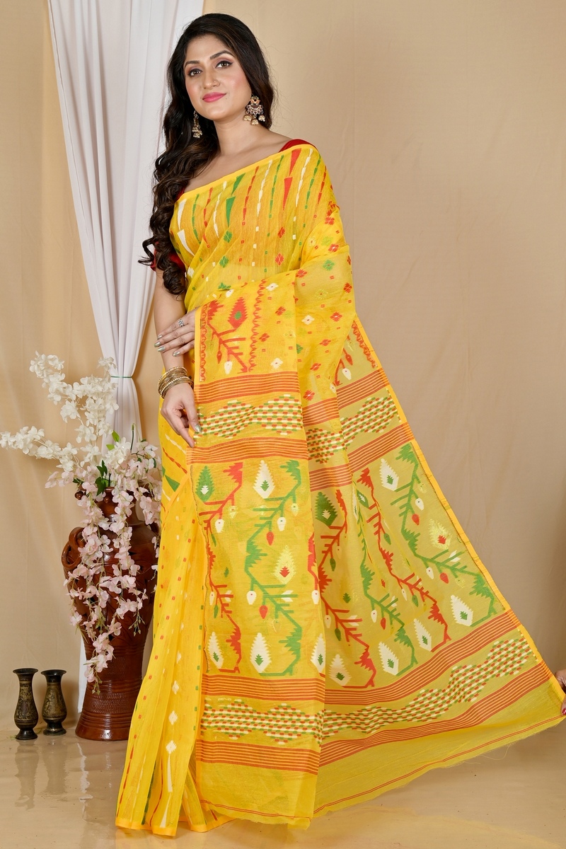 Yellow Blended Cotton Rapkol Jamdani Saree (2021)